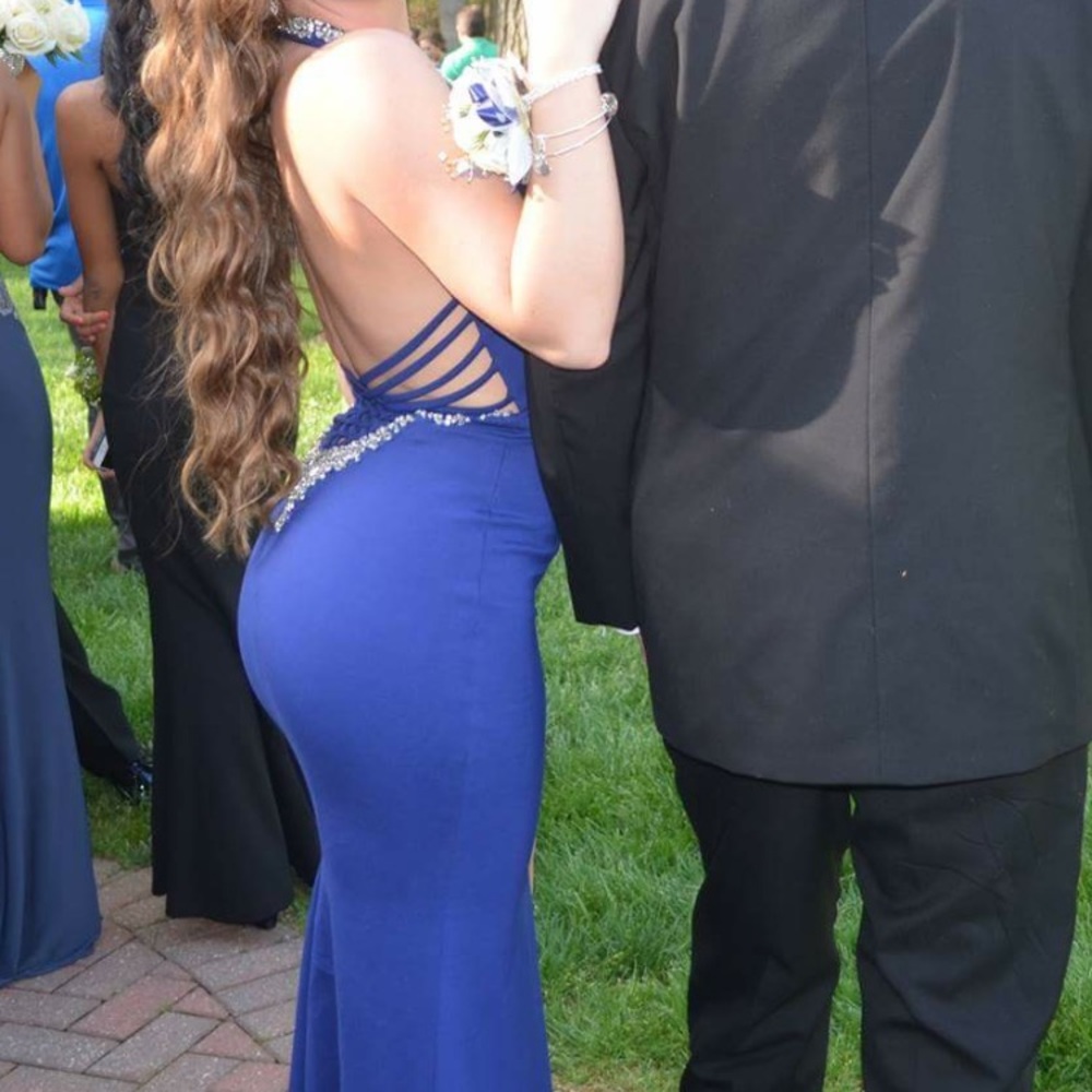 Lucy couture blue haltered prom dress with slit